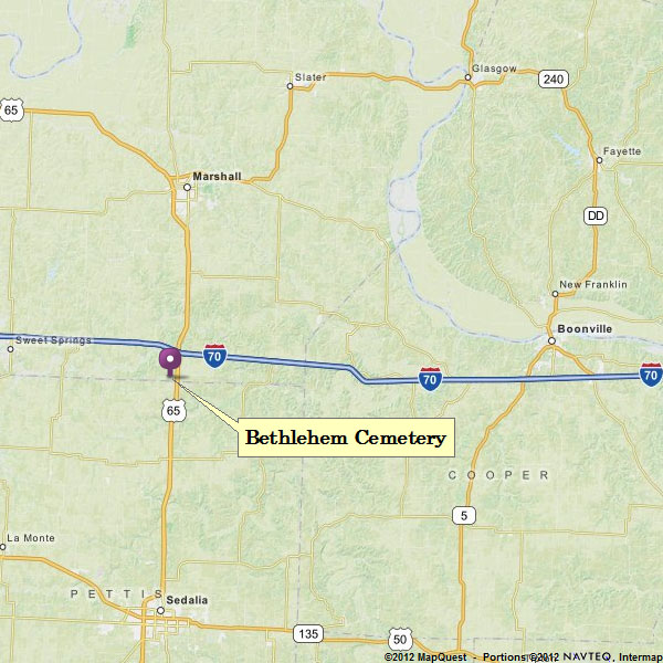 Map showing Bethelehem Cemetery and area towns
